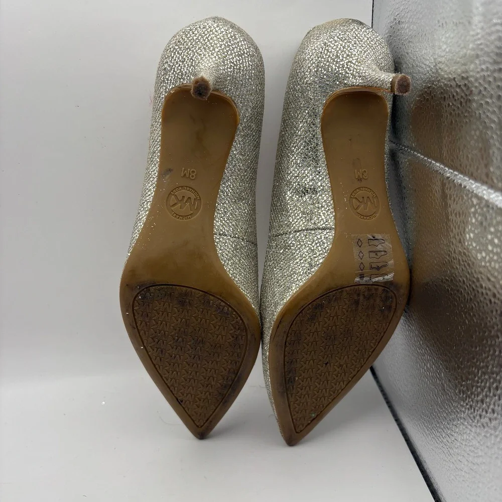 Michael Kors Silver Glitter Pointed Toe Kitten Heel Pumps Womens 8M